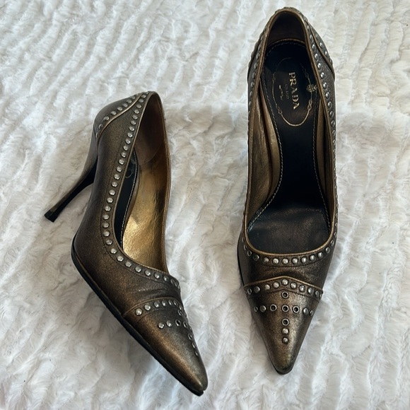 PRADA CALZATURE DONNA FUME STUD CAMMELLO SIZE 36.5 US 6.5 medieval stiletto heel - Picture 11 of 11
